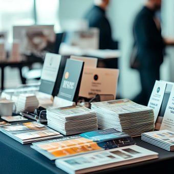 A display of notebooks, brochures, and printing materials set on a table at a professional event, with attendees in the background.